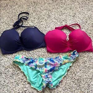 Floral and Solid Bikini Set